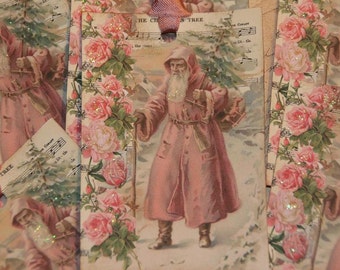 Christmas Gift Tags  Pink Christmas Pink Santa Tags Holiday Tags Shabby Chic Christmas Old World Santa