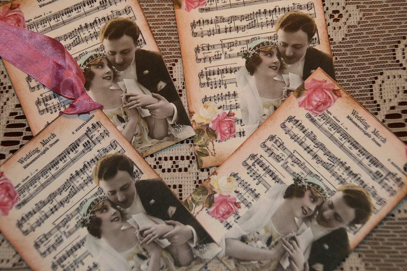 Wedding Day March Pink Roses Bride and Groom Gift Tags or - Etsy