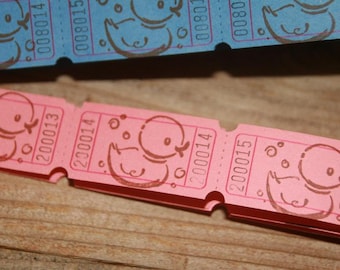 24  PINK or BLUE  Hand stamped Baby Shower Carnival Tickets Diaper Raffle Ticket Door Prize Tickets, Ducks, Elephants, Baby Feet, Baby Hands