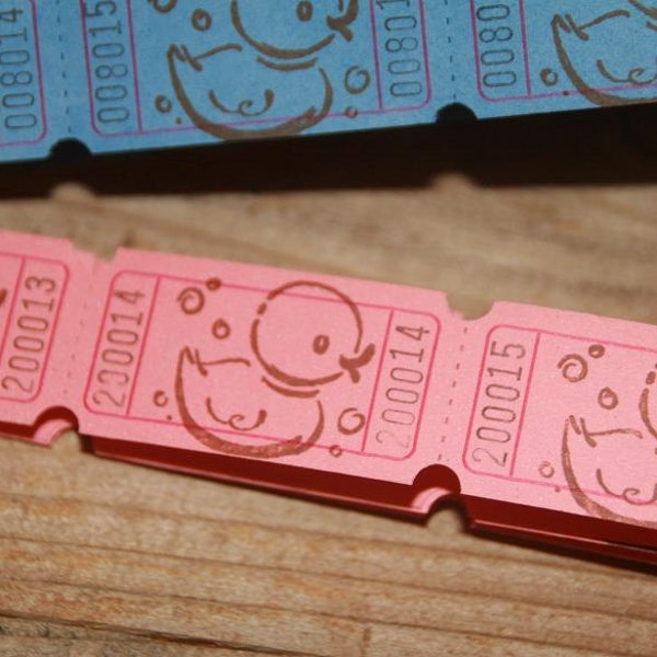 24  PINK or BLUE  Hand stamped Baby Shower Carnival Tickets Diaper Raffle Ticket Door Prize Tickets, Ducks, Elephants, Baby Feet, Baby Hands