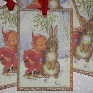 Christmas Tags Elf and Bunny, Holiday Tags, Vintage Christmas Tags, Christmas Gift Tags