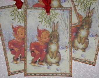 Christmas Tags Elf and Bunny, Holiday Tags, Vintage Christmas Tags, Christmas Gift Tags