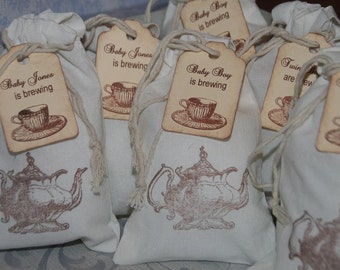 Baby Shower Tea Party Favor Bags 15, Personalized Tea Party Favor Tags, Muslin Favor Bags, A Baby is Brewing