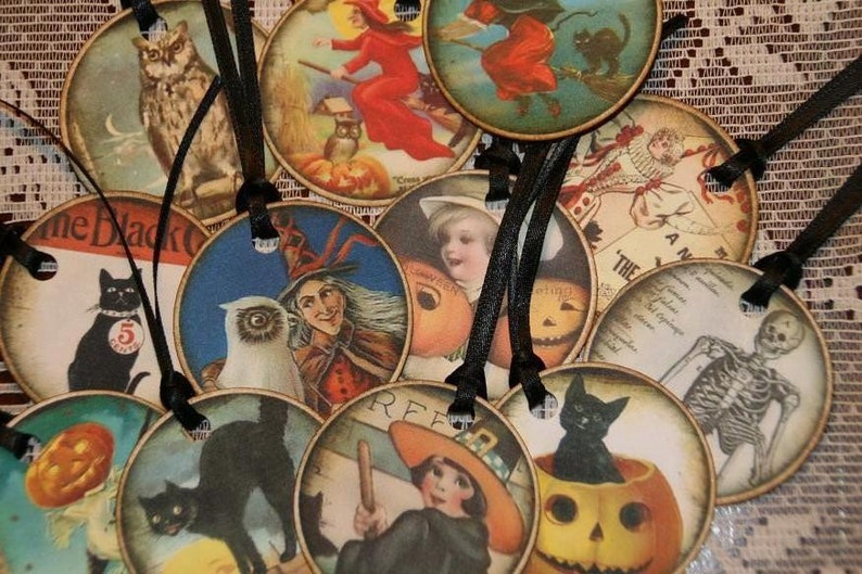 Halloween Tags One Dozen Spooky Witches Owls Black Cats Skeletons Pumpkins Halloween Gift Tags image 2