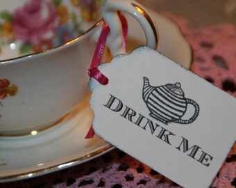 Drink Me Tags, Alice in Wonderland Drink Me Tags, 24 Vintage Tea Party or Wedding Tags,You Pick Color of Ribbon and Ink
