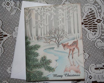 Woodland Baby Deer Cards, Woodland Christmas Card Set with envelopes,Hostess Gift, Vintage Old Fashion Christmas Cards with Glitter