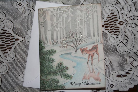 Woodland Baby Deer Cards, Woodland Christmas Card Set with envelopes,Hostess Gift, Vintage Old Fashion Christmas Cards with Glitter