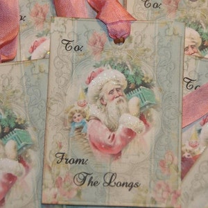 Santa Tags,  Pink Santa Personalized Christmas Tags Pink Old World Santa, Set of 12