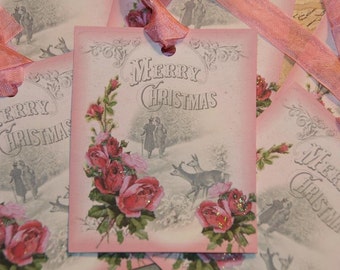 Merry Christmas Tags  Pink Christmas Holiday Tags Shabby Christmas