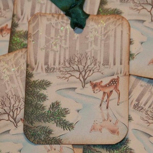 Baby Deer Glittered Old Fashion Vintage Christmas Gift Tags, Christmas Tags, Holiday Tags, Woodland Christmas image 1