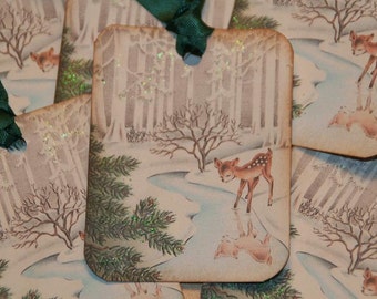Baby Deer Glittered Old Fashion Vintage Christmas Gift Tags, Christmas Tags, Holiday Tags, Woodland Christmas
