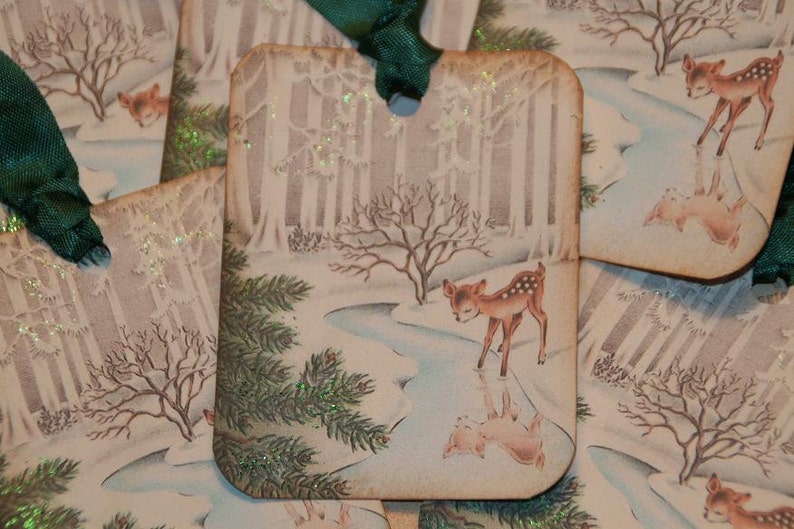 Baby Deer Glittered Old Fashion Vintage Christmas Gift Tags, Christmas Tags, Holiday Tags, Woodland Christmas image 1