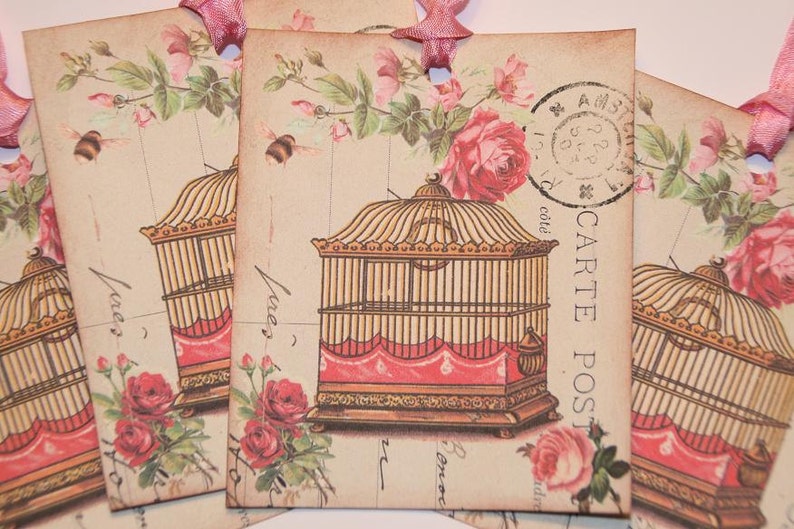 Pink Birdcage Roses Paris Postcard Gift Tags image 1