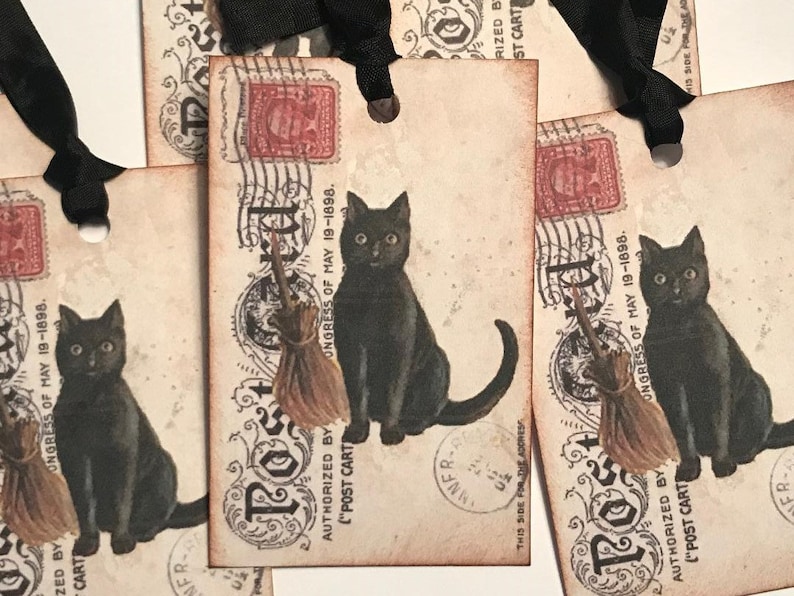 May include: Vintage style black cat gift tags with a broom and the text "Post Card" and "Authorized by "Post Card" Congress of May 19-1898."