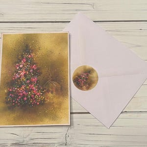 Christmas Card Set with envelopes and seals, Christmas Tree, Vintage Old Fashion Christmas Cards with Glitter