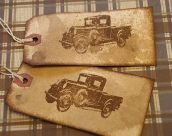 Grungy Distressed looking Gift Tags of a Model A Ford Pick Up Truck
