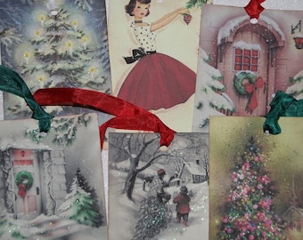 Christmas Tags Holiday Gift Tags Sampler Set  Variety lot  Glittered Vintage Inspired  Set of 12