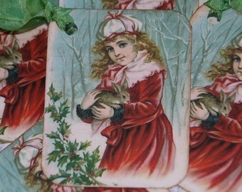 Sweet Christmas Girl Holding Bunny Vintage Post Card Image Gift Tags