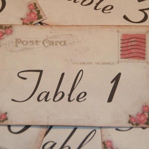 Wedding Table Number Cards - Vintage Postcard Style Shabby Chic -Pink Roses - Quantity 20