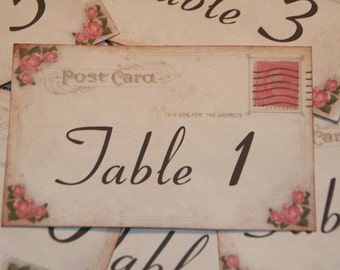 Wedding Table Number Cards - Vintage Postcard Style Shabby Chic -Pink Roses - Quantity 20