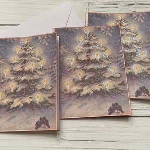 Christmas Card Set with envelopes and seals, Christmas Tree, Vintage Old Fashion Christmas Cards with Glitter
