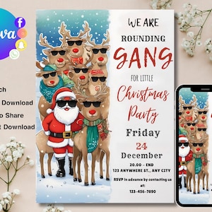 Może przedstawiać: Zaproszenie na świąteczne przyjęcie z uroczystym wzorem przedstawiającym grupę reniferów w okularach przeciwsłonecznych i Świętego Mikołaja. Tekst brzmi "We are rounding gang for little Christmas party, Friday 24 December, 20.00 - End, 123 Anywhere St., Any City, RSVP in advance by contacting us at: 123-456-7890".