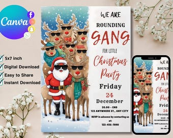 Editable Reindeer Christmas Party invitation, We&#39;re Rounding Up the Gang Invite Rudolph Themed Invite Holiday Christmas Instant Download