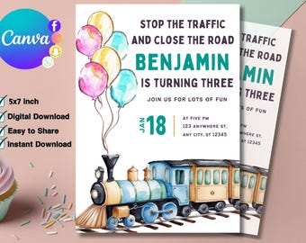 Editable Train Birthday Invitation Template, Toy Train Invitation for any age, Train Birthday Invitation, instant download canva template