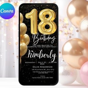Digital 18th Birthday Invitation Template, Electronic 18th Party Invite, Rose Gold Neon Text Evite, Digital Invite Glitter, Birthday Party