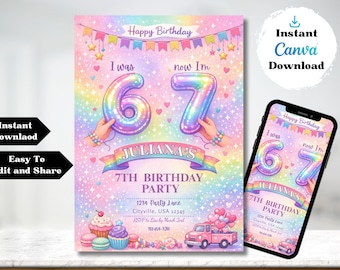 Avevo 6 anni, ora ne ho 7. Invito per la festa di compleanno arcobaleno pastello 6-7.