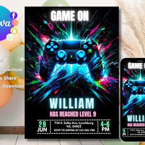 Video Game Party Invitation, Editable Printable Gamer Birthday Invite, Evite Template, Gaming, Game Party, Instant Download