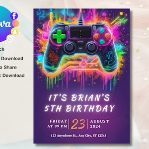 Video Game Party Invitation, EDITABLE Level Up Birthday Invite, Blue Neon Glow Invite, Glow Video Gamer Boy Template Arcade Party Invitation