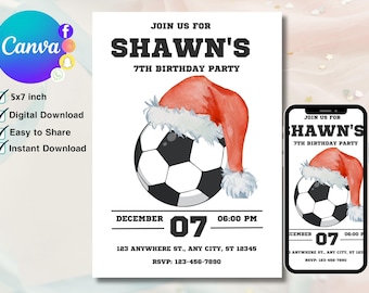 EDITABLE Soccer Birthday Invitation, Soccer Invitation, 5x7 Editable Canva Template, Christmas Party Invitation Kids