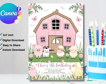 Farm Birthday Invitation, Farm Animals Party Invites, Ranch Kids Birthday Invitation, Barnyard Animals, 5x7 Canva
