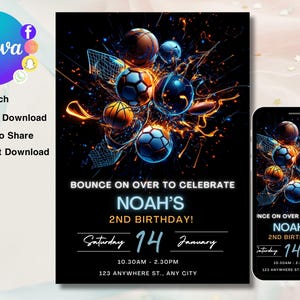 Bearbeitbare Sporteinladung, Neonsporteinladungen, Sportflyer, Sportthema einladen, Glow ALL STAR SPORTS-Einladungsvorlage Sofort-Download