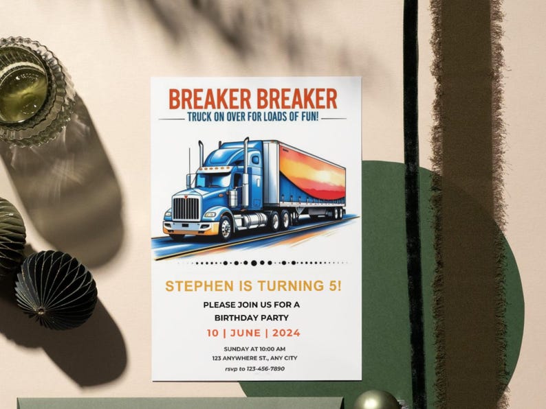 Editable Semi Blue Truck Birthday Party Invitation Template, Big Rig ...