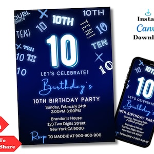 Boy 10Th Birthday Invitation, Bruh Birthday Invitation, Neon, Glow Invitation, Canva Template