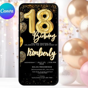 Digital 18th Birthday Invitation Template, Electronic 18th Party Invite, Rose Gold Neon Text Evite, Digital Invite Glitter, Birthday Party