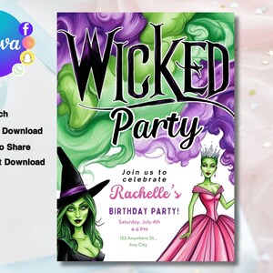 Wicked Geburtstagsparty - Einladung | Rosa und Grün-Party | Wicked Musikalische Party einladen | Canva Bearbeitbar