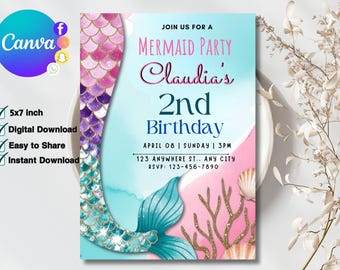 Meerjungfrau-Geburtstags-Einladung, Mermaid Bash unter dem Meer-Geburtstag einladen, Mermaid lädt ein, bearbeitbares Canva