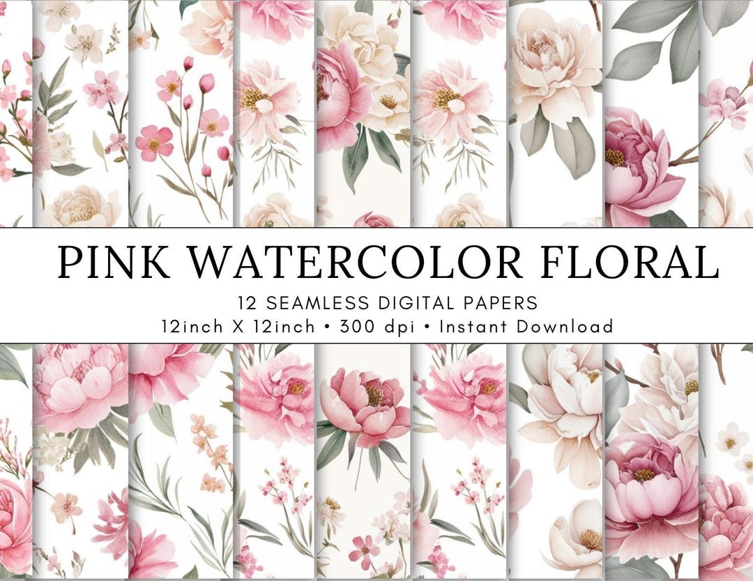 Pink Watercolor Floral Printable Paper Seamless JPG Shabby Chic Digital ...