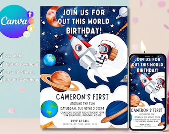 Editable Outer Space Birthday Invitation Template, Planets Rocket Ship Astronaut Invitation, Galaxy Invitation, Outer Space Invitation