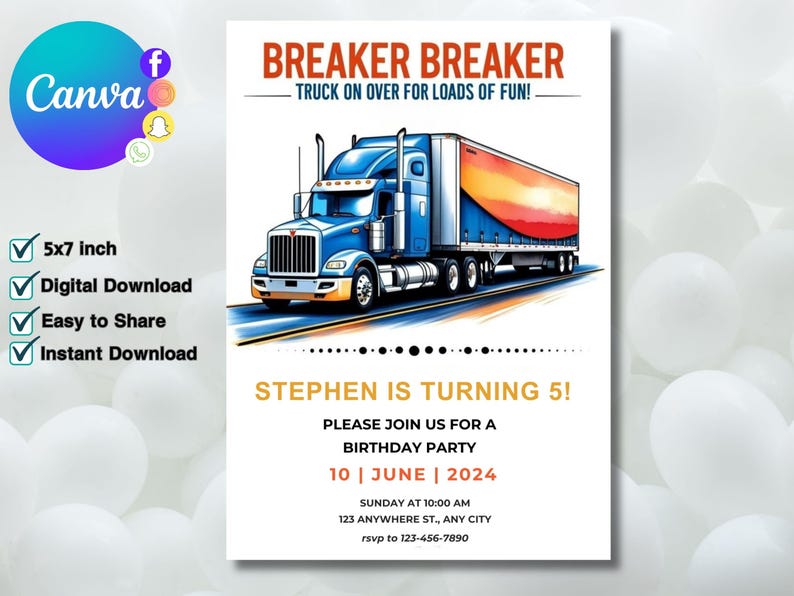 Editable Semi Blue Truck Birthday Party Invitation Template, Big Rig ...