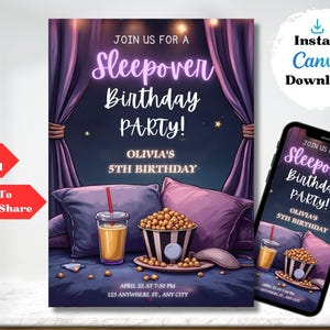 Sleepover Birthday Invitation, Girls Night Slumber Party Sleep Over, Digital Template, Editable Invite, Instant Download, Printable Card