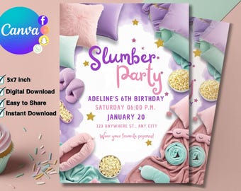 Sleepover Birthday Invitation, Printable Sleepover Invite, Slumber Party, Pajama Party, Retro Neon Light Editable Template, Instant Download