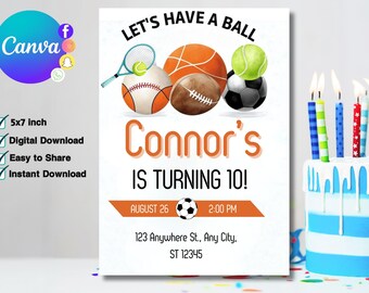 Boys Sports Birthday Invitation All Star Sports Digital Invite Editable Canva Template Kids Printable Invite Boys Neon Birthday Party Invite