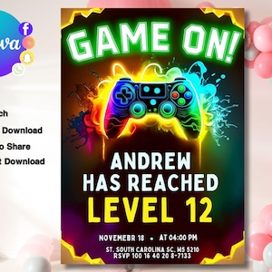 Video Game Party Invitation, EDITABLE Level Up Birthday Invite, Blue Neon Glow Invite, Glow Video Gamer Boy Template Arcade Party Invitation