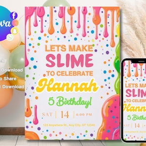 Invitación a fiesta de cumpleaños de Slime, invitación a fiesta de Slime para niñas, plantilla de cumpleaños de Slime, invitación a fiesta de cumpleaños de arcoíris, Slime con purpurina