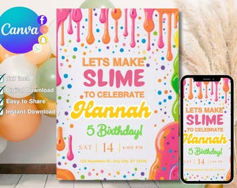 Slime Birthday Party Invitation, Slime Party Girls invite, Slime Birthday Template, Rainbow Birthday Party Evite, Slime Glitter