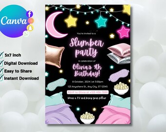 Sleepover Birthday Invitation, Printable Sleepover Invite, Slumber Party, Pajama Party, Retro Neon Light Editable Template, Instant Download